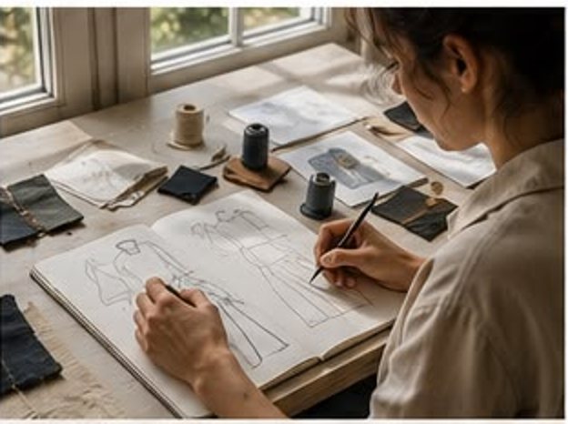 Diseñadora dibujando figurines junto a retazos de tela