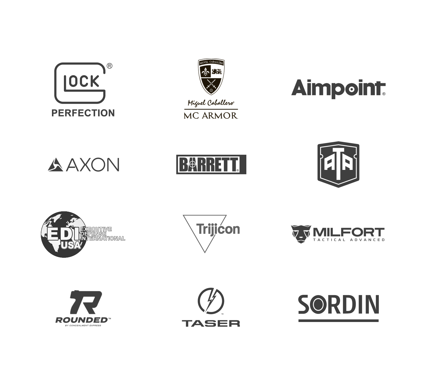 Marcas con las que trabaja Silvercat, entre ellas GLOCK, Miguel Caballero, Aimpoint, AXON, Barrett, ATA, Trijicon, Milfort, Rounded, TASER y Sordin