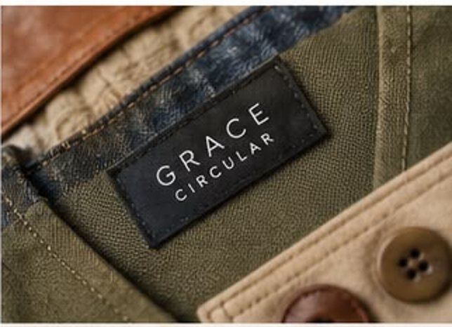 Etiqueta de Grace Circular cosida sobre una prenda hecha con materiales recuperados