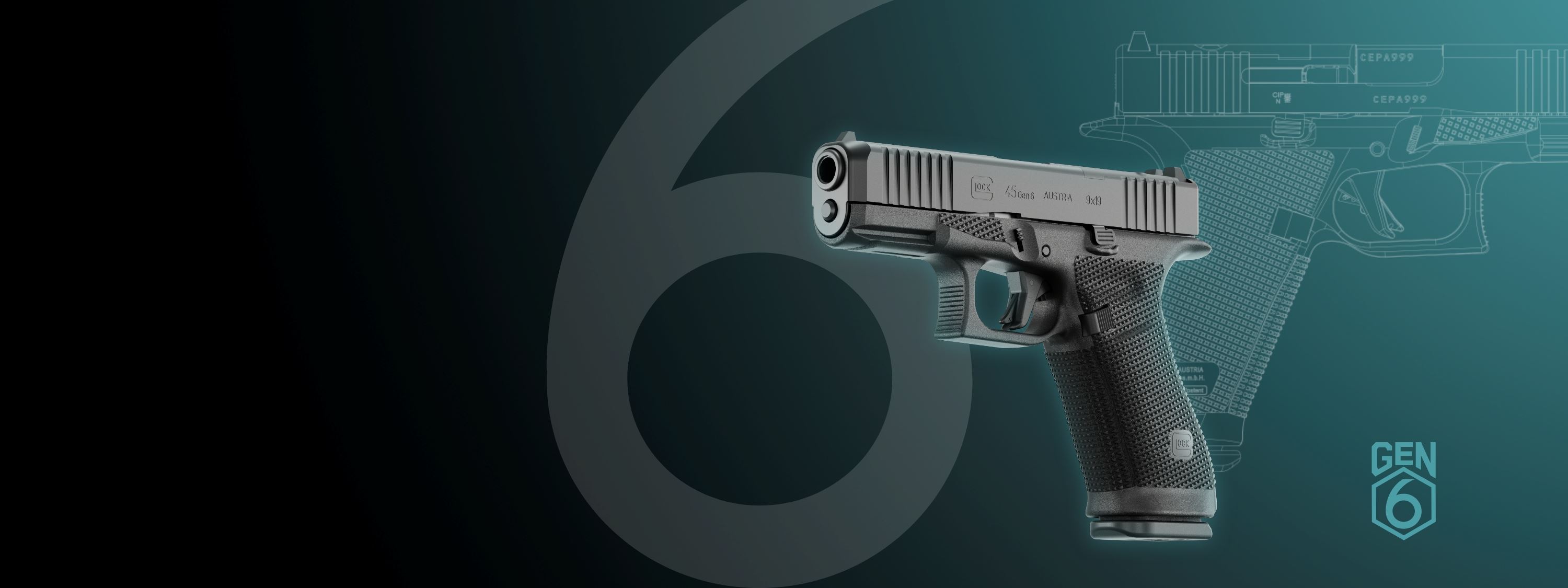 GLOCK G45 Gen6 en perspectiva sobre fondo oficial Gen6